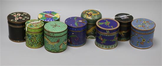 A collection of cloisonne cylindrical boxes and covers, H 8cm (average)